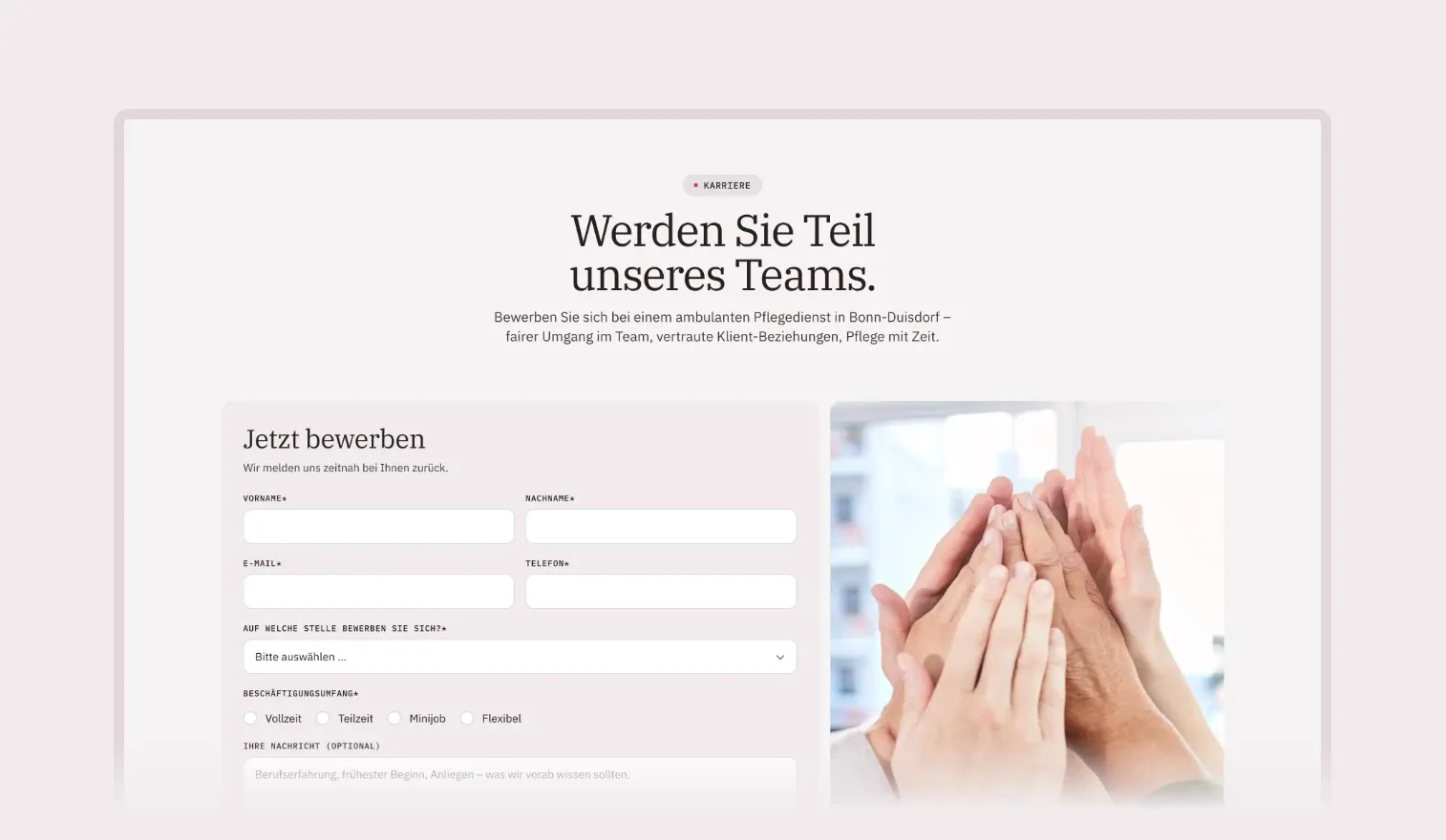 Karriereseite mit Bewerbungsformular